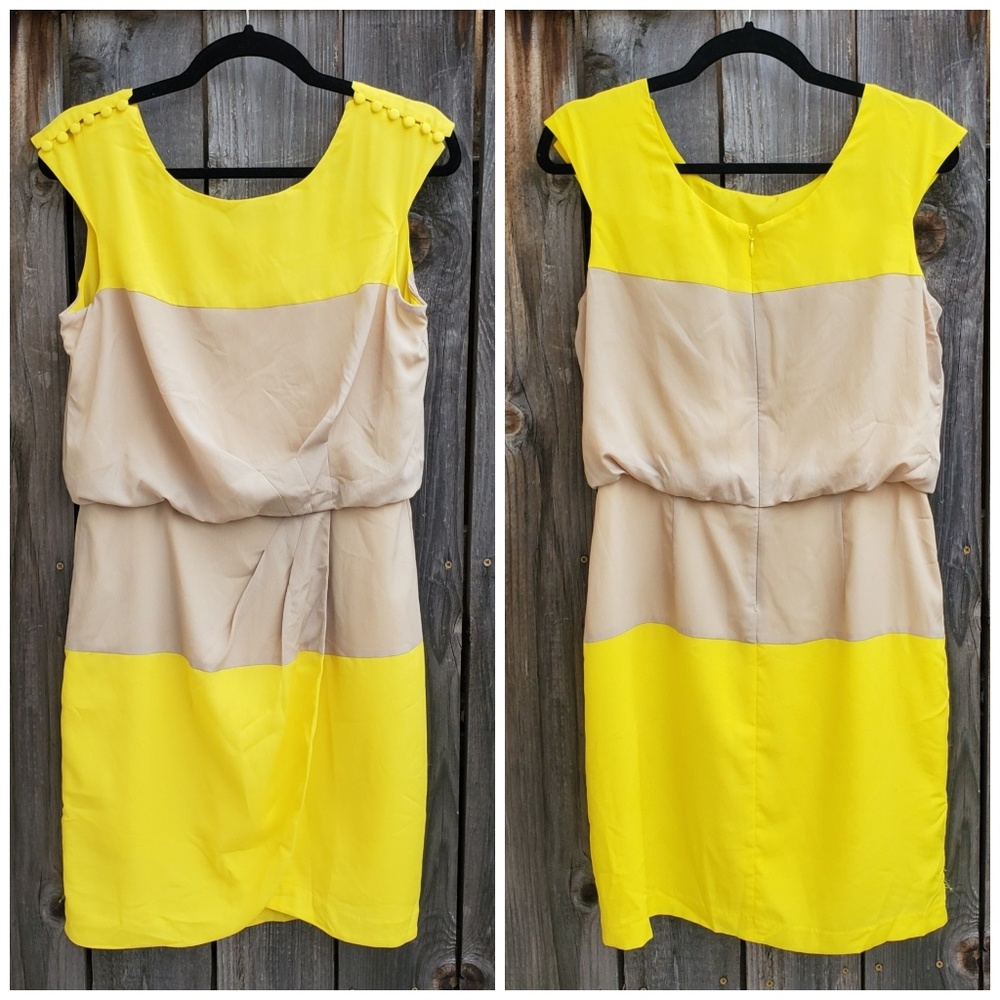 Jessica Simpson Yellow and Beige Colorblock Cap-Sleeve Dress